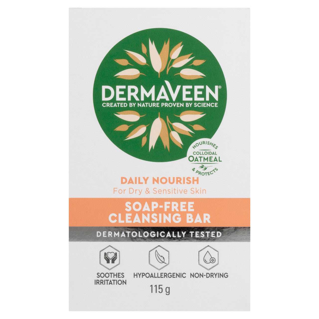 DermaVeen Daily Nourish Soap-Free Cleansing Bar for Dry & Sensitive Skin 115g