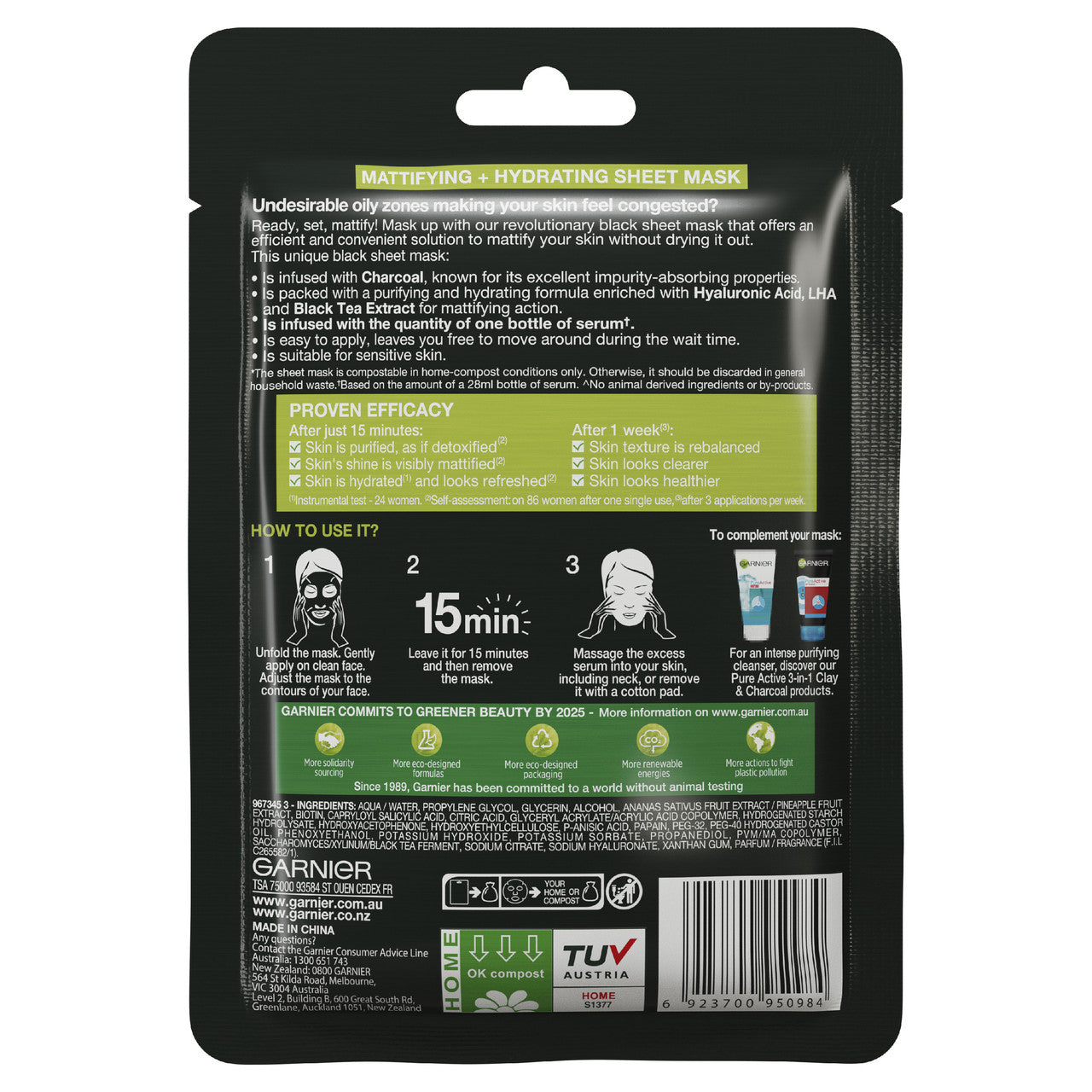 Garnier Pure Charcoal Hyaluronic Acid + Black Tea Sheet Mask  28g