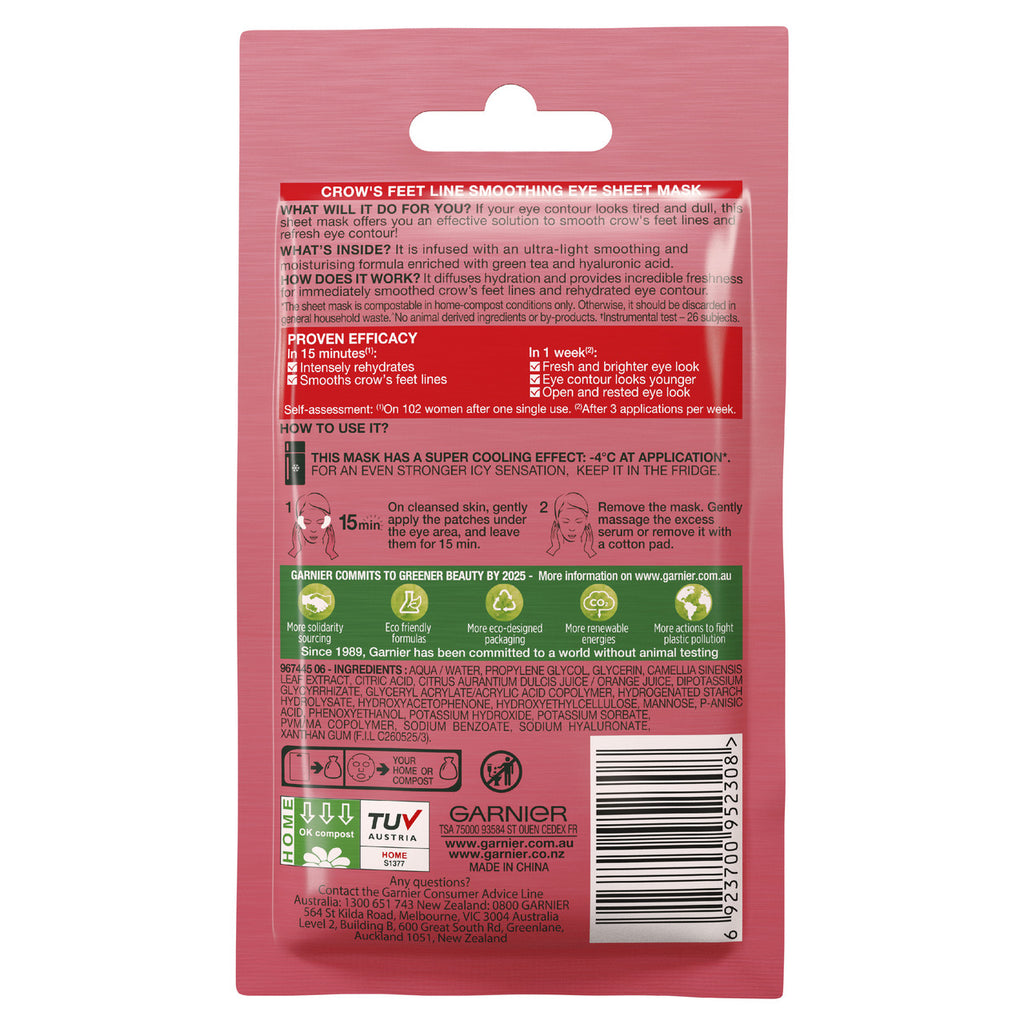 Garnier Hydra Bomb Hyaluronic Acid + Green Tea Anti Ageing Eye Sheet Mask  6g