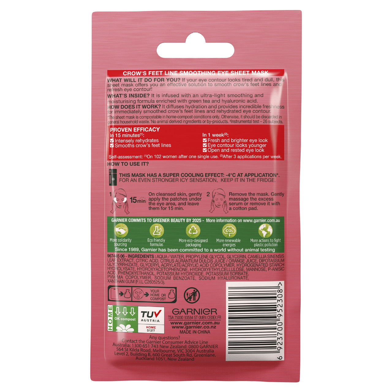 Garnier Hydra Bomb Hyaluronic Acid + Green Tea Anti Ageing Eye Sheet Mask  6g