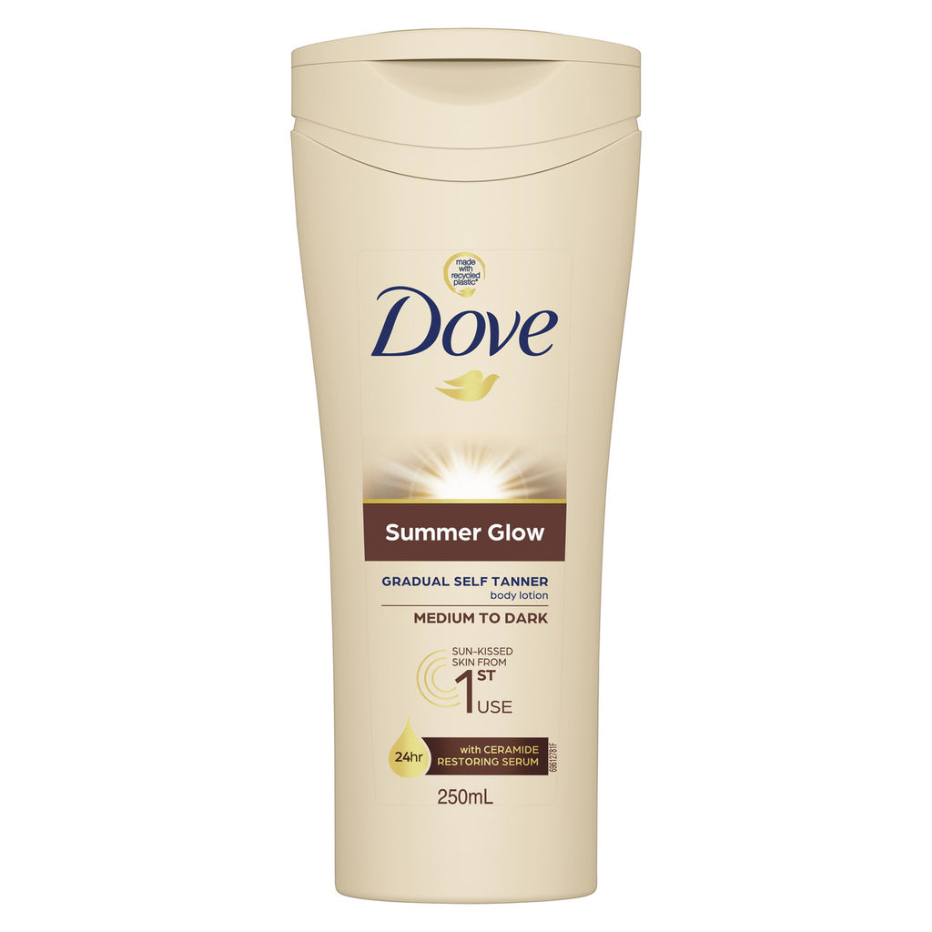 Dove Summer Glow Gradual Self Tanner Body Lotion sun-kissed skin from first use Medium to Dark 24-hour nourishment for moisturising skin care 250 mL
