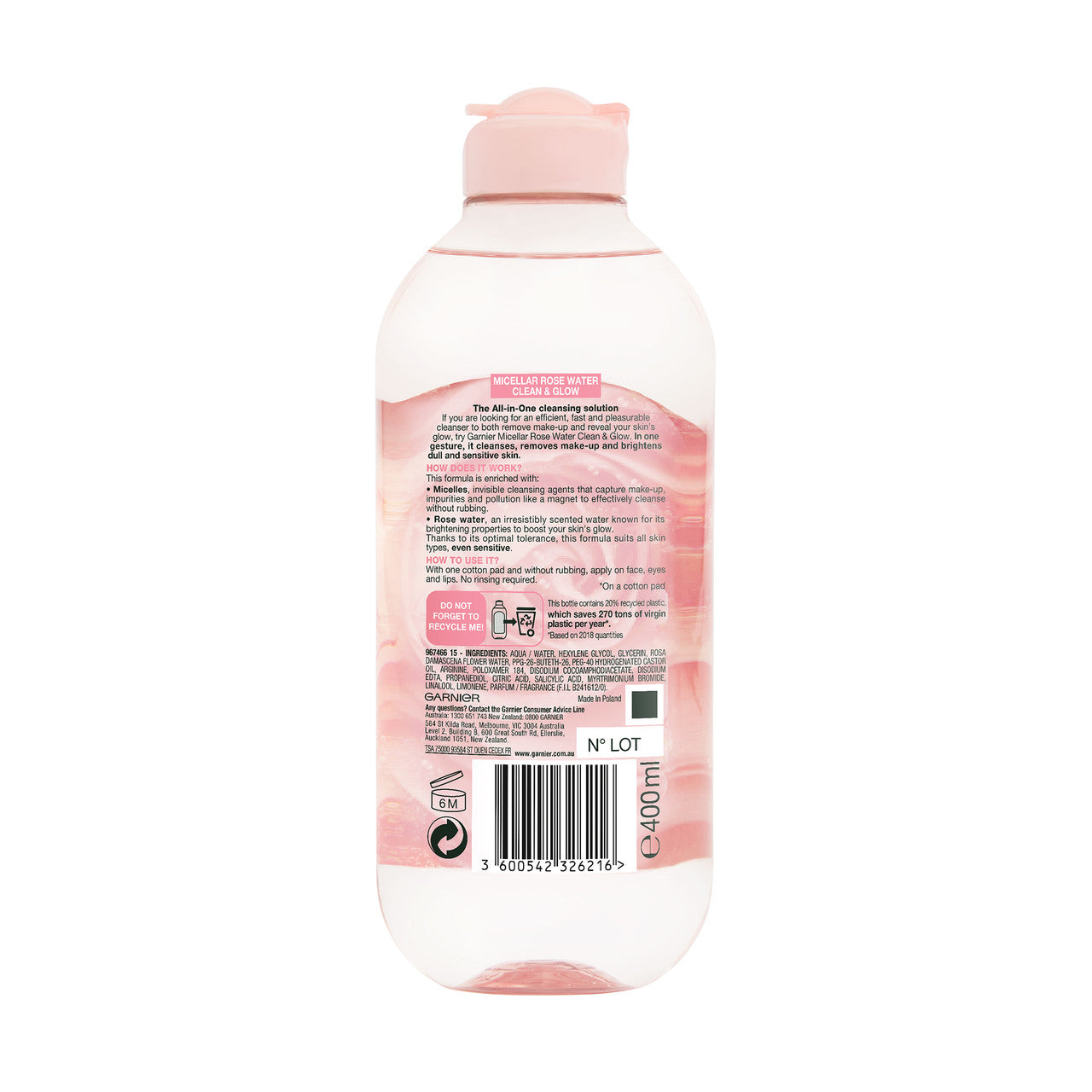 Garnier SkinActive Micellar Rose Cleansing Water Clean & Glow 400ml