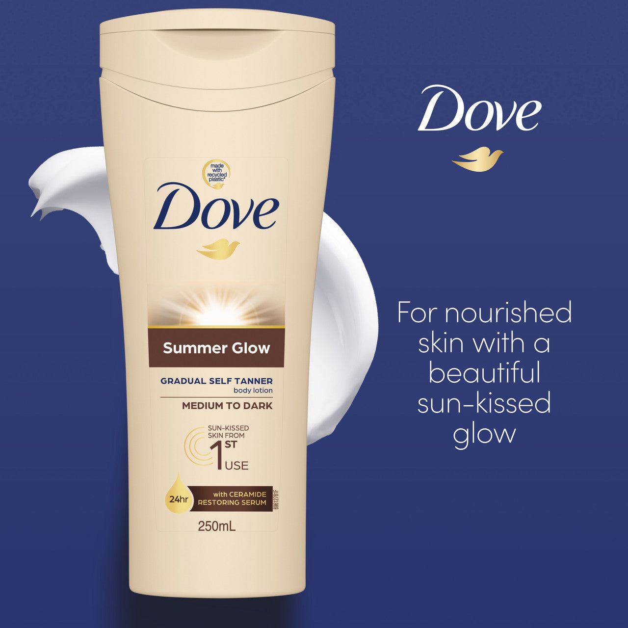 Dove Summer Glow Gradual Self Tanner Body Lotion sun-kissed skin from first use Medium to Dark 24-hour nourishment for moisturising skin care 250 mL