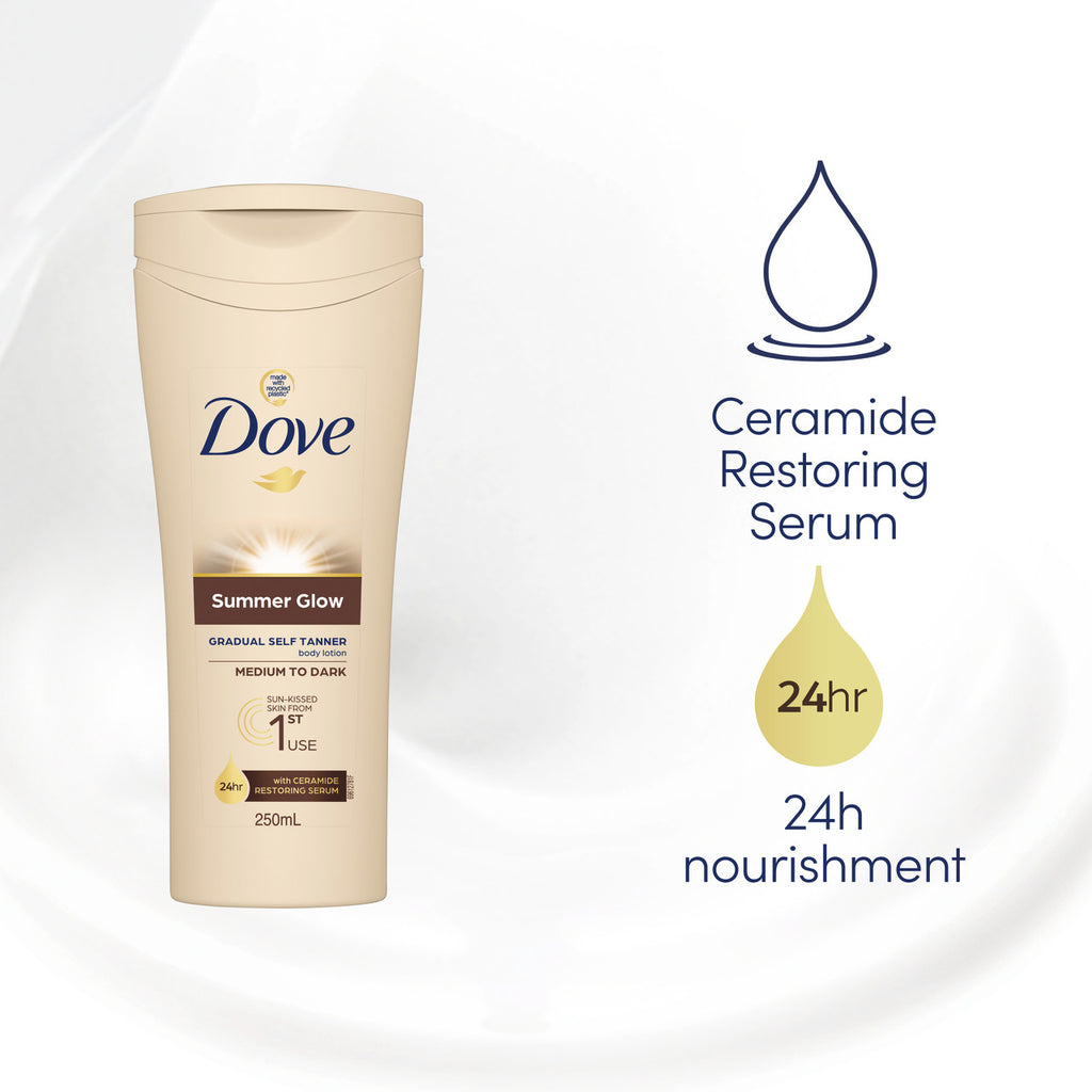 Dove Summer Glow Gradual Self Tanner Body Lotion sun-kissed skin from first use Medium to Dark 24-hour nourishment for moisturising skin care 250 mL