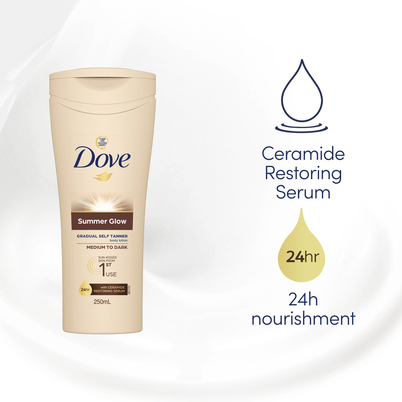 Dove Summer Glow Gradual Self Tanner Body Lotion sun-kissed skin from first use Medium to Dark 24-hour nourishment for moisturising skin care 250 mL