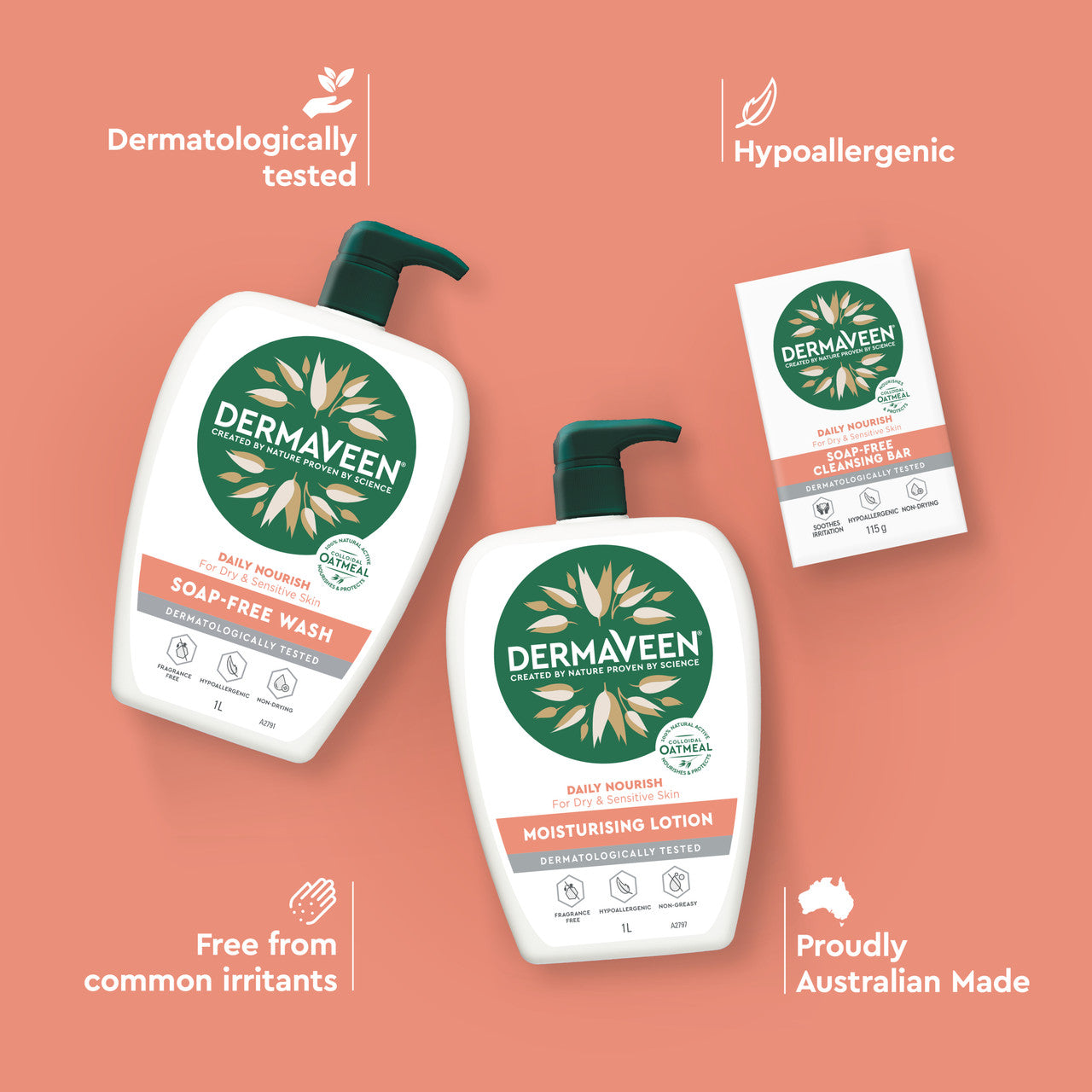 DermaVeen Daily Nourish Soap-Free Wash for Dry & Sensitive Skin 1L