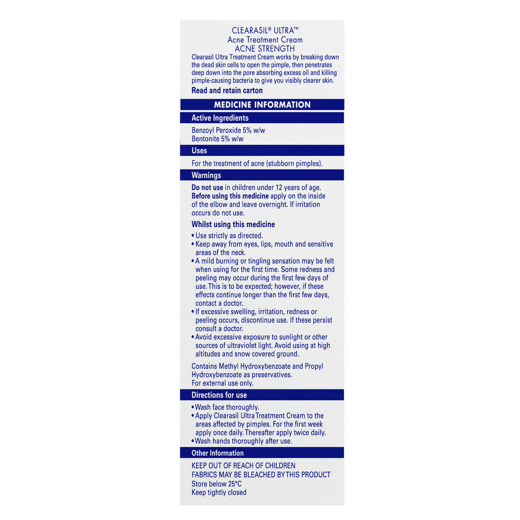 Clearasil Ultra Acne Treatment Extra Strength Face Cream Reduce Pimples 20g