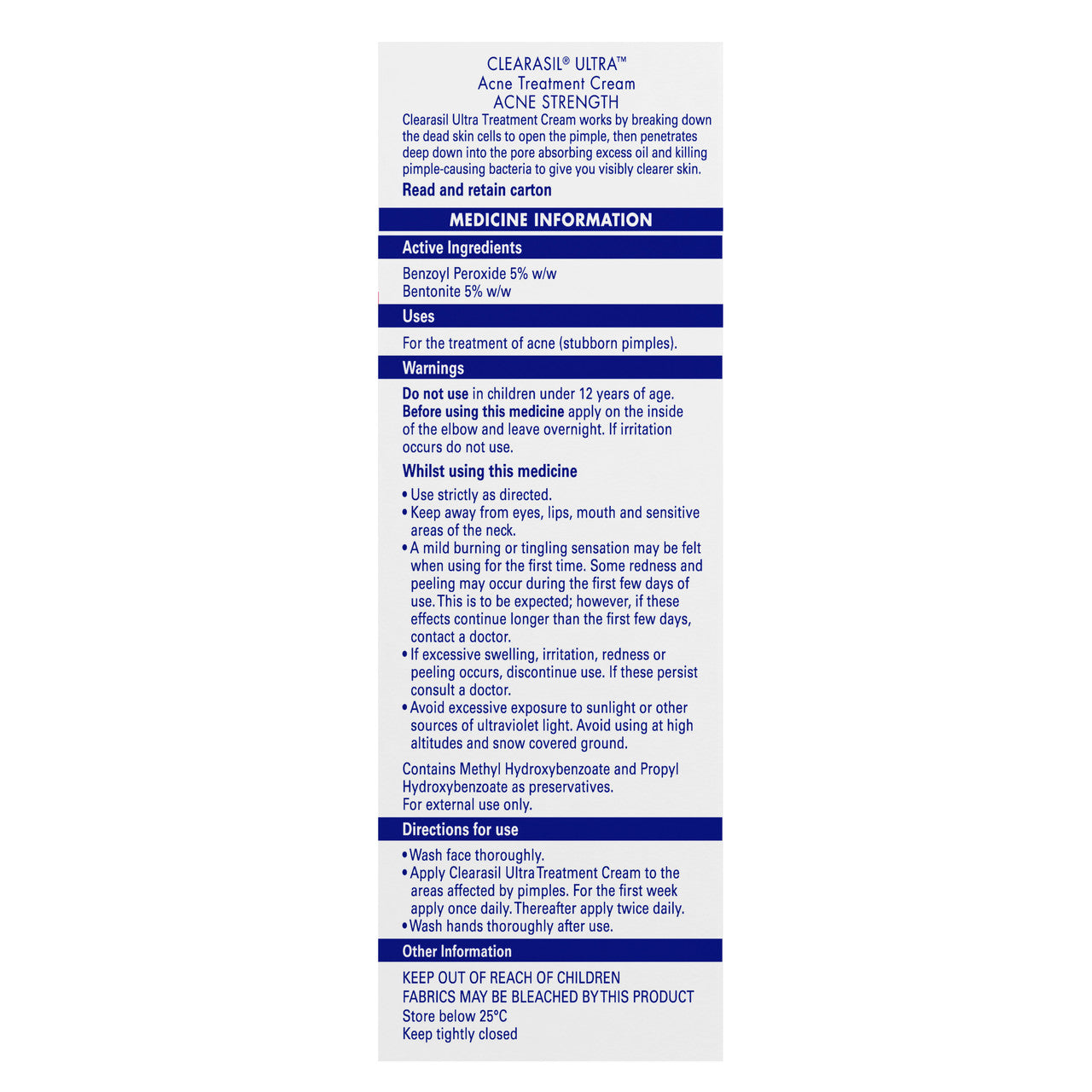 Clearasil Ultra Acne Treatment Extra Strength Face Cream Reduce Pimples 20g