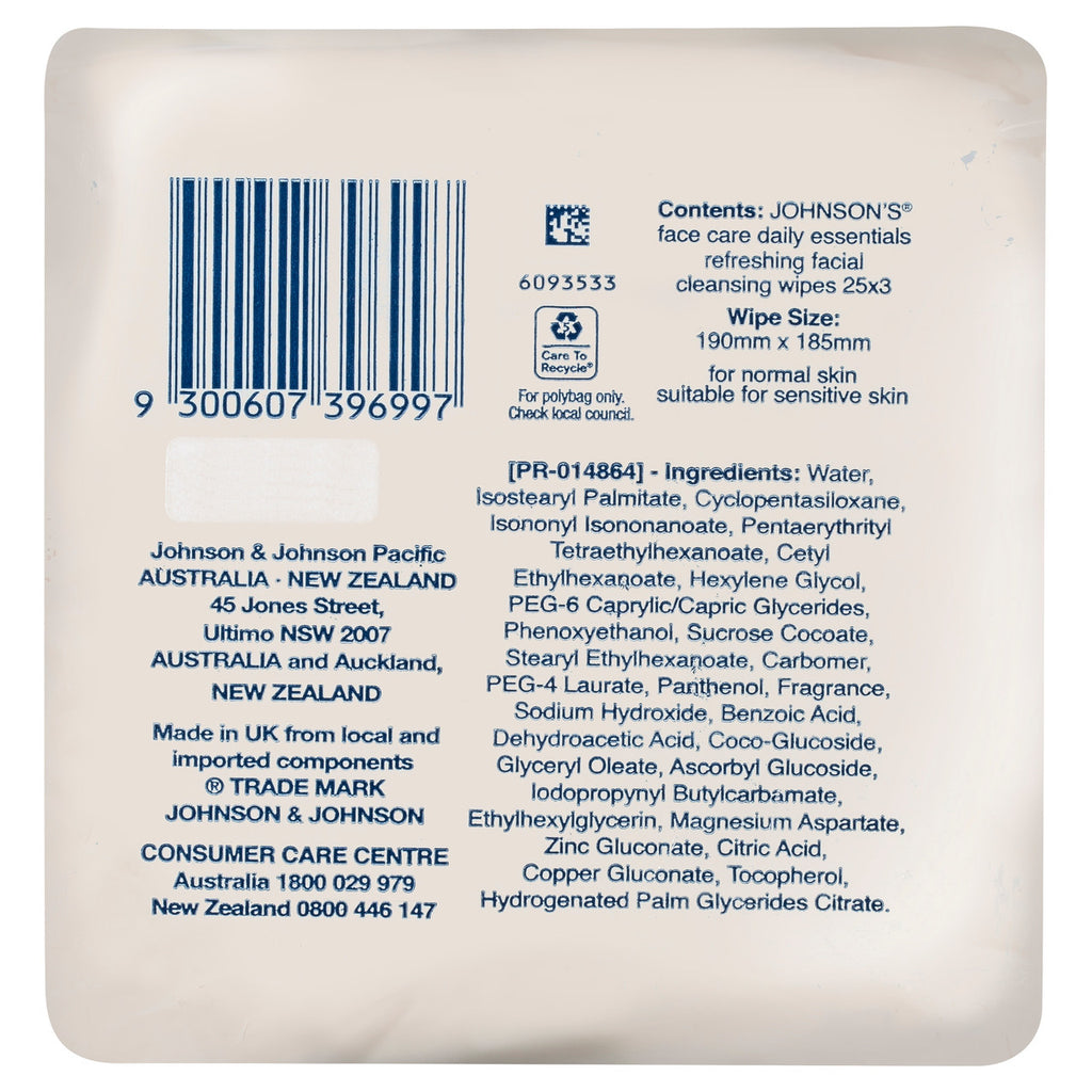 Johnson's Daily Essentials Facial Cleansing Wipes Normal Skin 3 x 25 Pack
