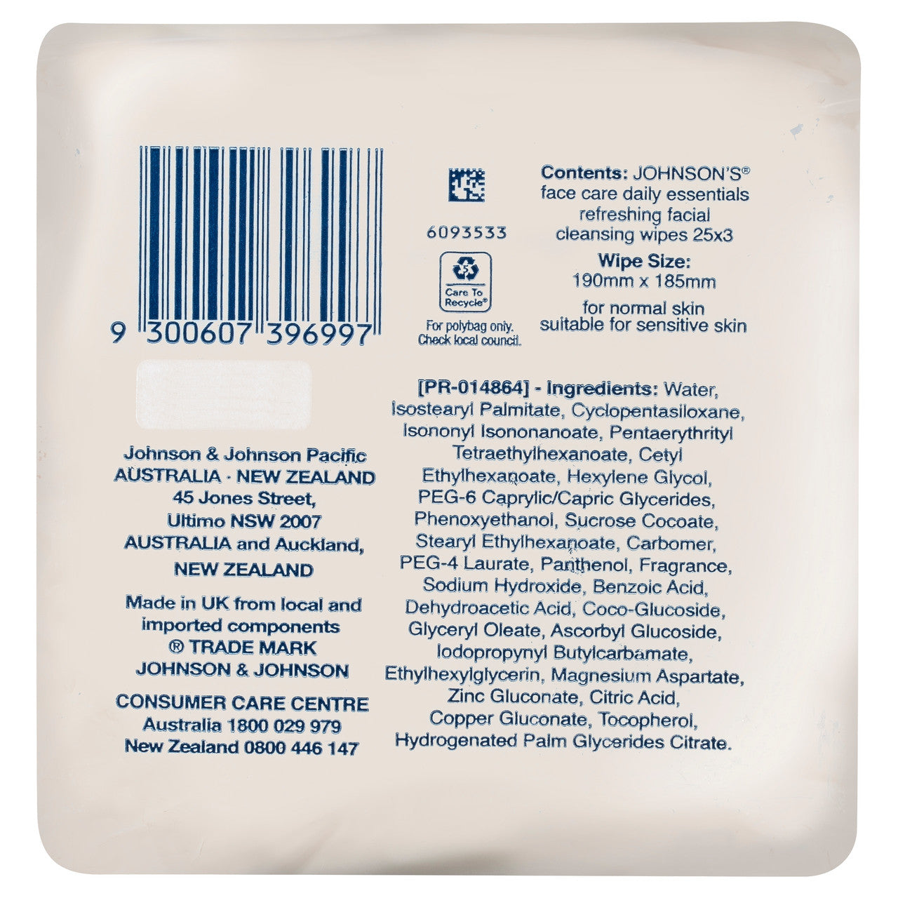 Johnson's Daily Essentials Facial Cleansing Wipes Normal Skin 3 x 25 Pack