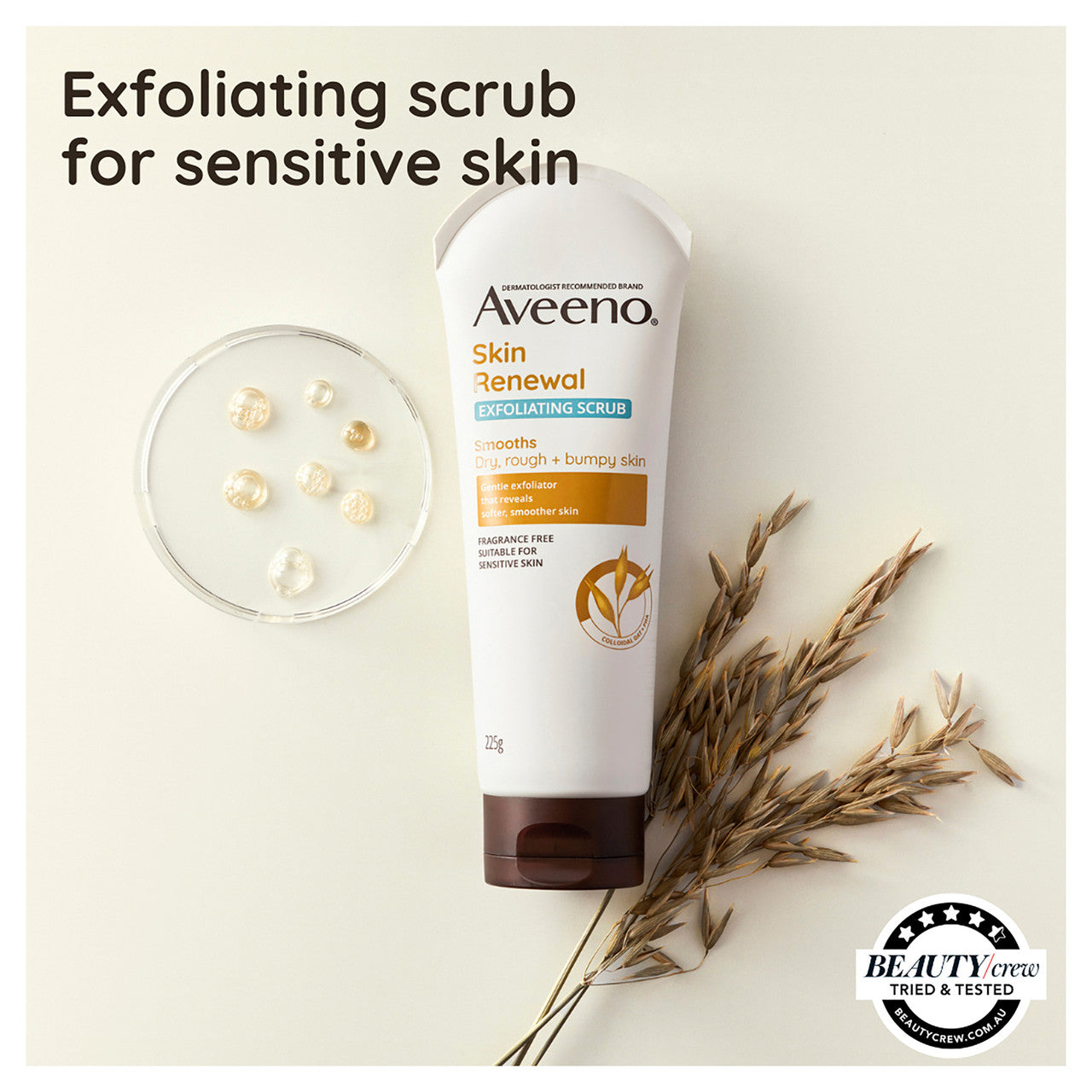 Aveeno Skin Renewal Exfoliating Body Scrub Cleanse & Resurface Dry Rough Bumpy Texture Sensitive Skin Gentle PHA 225g