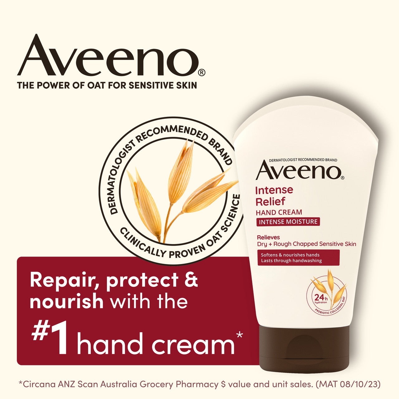 Aveeno Intense Relief Soothing Fragrance Free Hand Cream 24-Hour Moisture Protect Dry Rough Chapped Sensitive Skin 100g