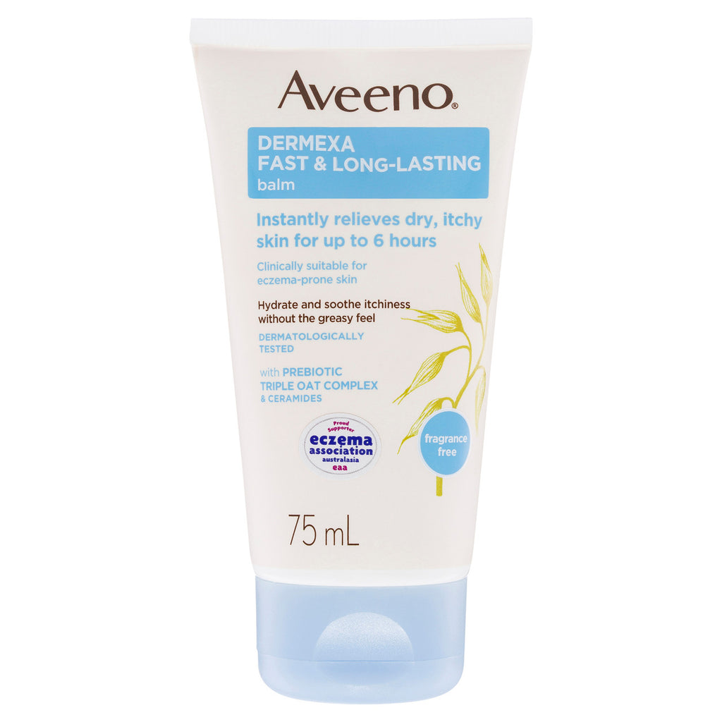 Aveeno Dermexa Fast & Long Lasting Fragrance Free Body Balm Soothe & Moisturise Dry Itchy Sensitive Eczema Prone Skin 75mL