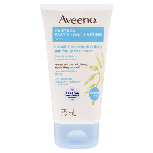 Aveeno Dermexa Fast & Long Lasting Fragrance Free Body Balm Soothe & Moisturise Dry Itchy Sensitive Eczema Prone Skin 75mL