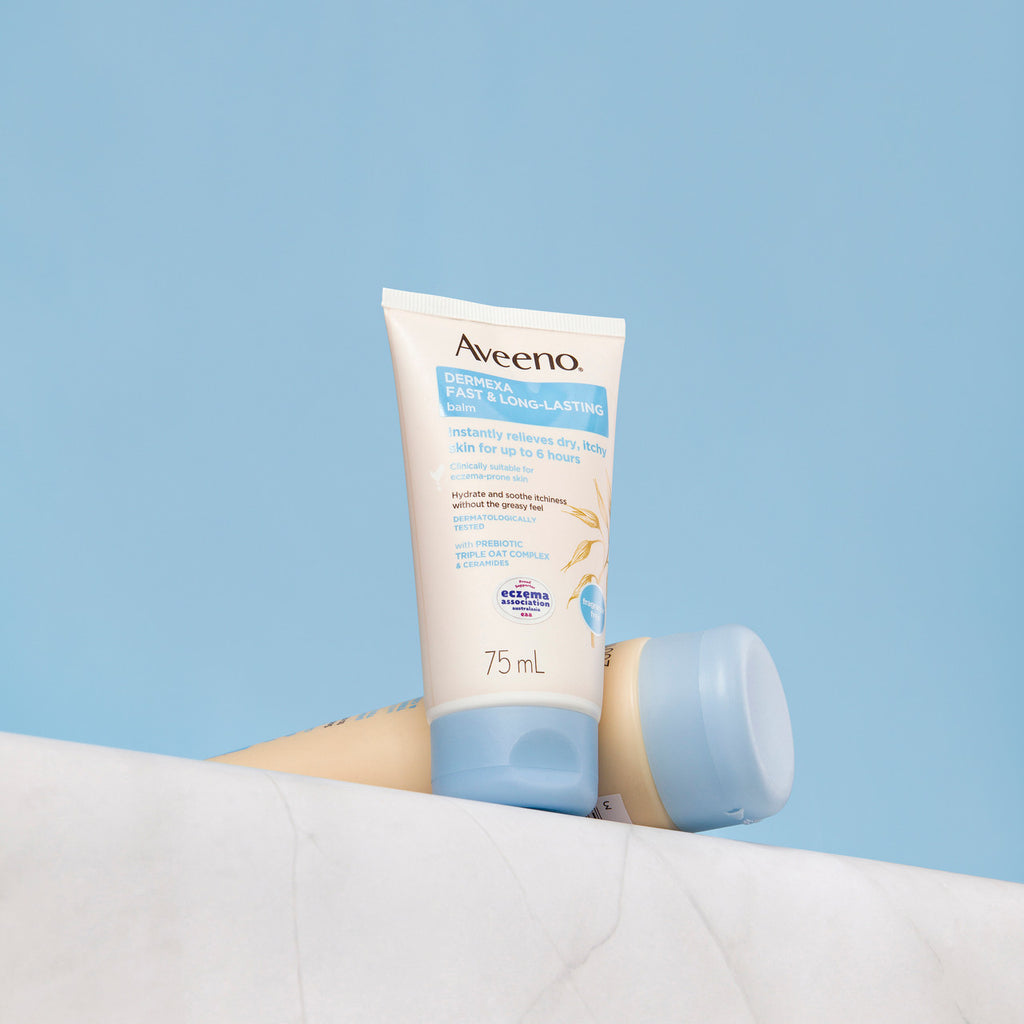 Aveeno Dermexa Fast & Long Lasting Fragrance Free Body Balm Soothe & Moisturise Dry Itchy Sensitive Eczema Prone Skin 75mL