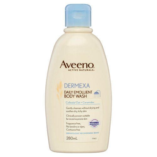 Aveeno Dermexa Daily Emollient Fragrance Free Body Wash Soothe & Moisturise Extra Dry Itchy Sensitive Eczema Prone Skin 280mL